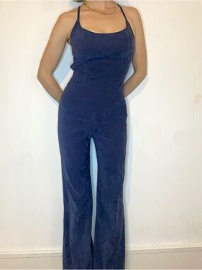 le chateau Navy Blue Suede-Effect Spaghetti Strap Jumpsuit